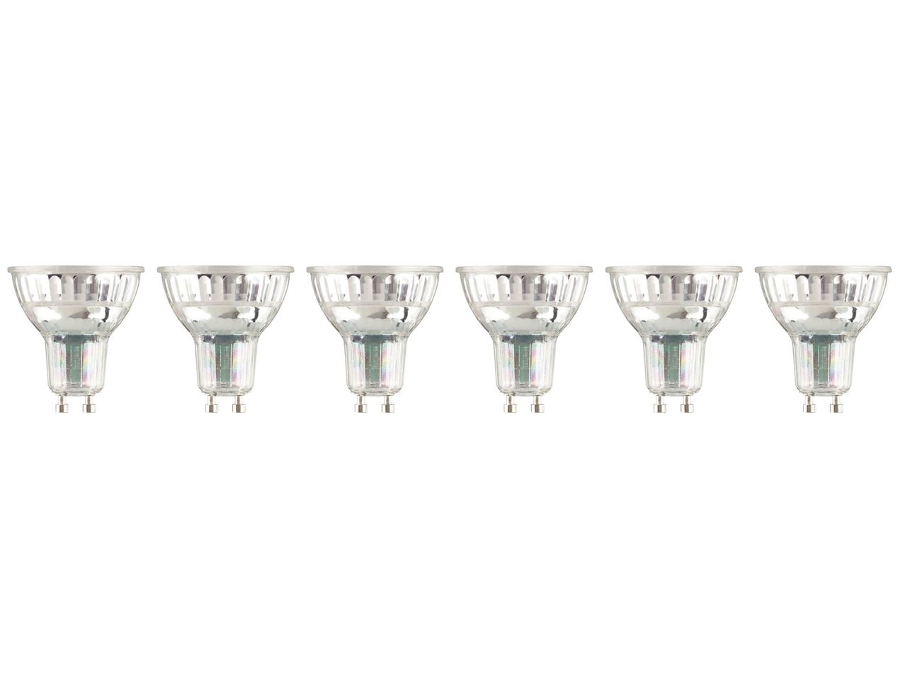 Six white LED light bulbs with screw bases in a row.