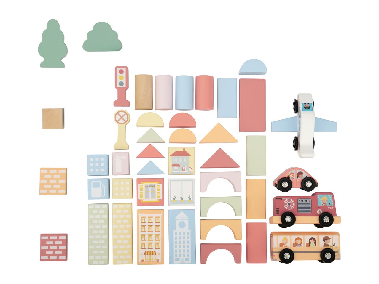 Wooden toy building blocks, vehicles, and accessories in pastel colors.