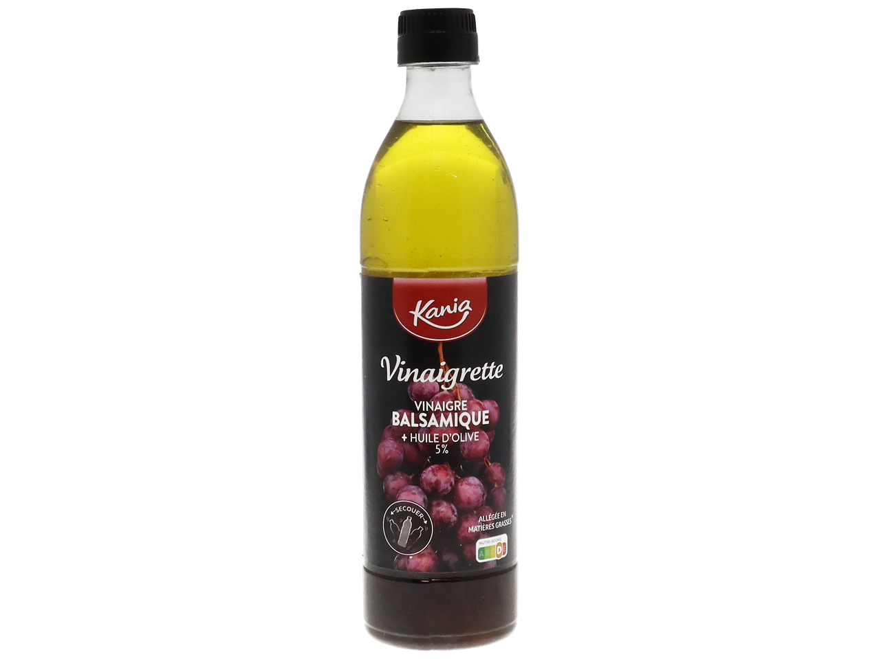Bouteille de vinaigrette balsamique à l'huile d'olive, allégée en matières grasses.