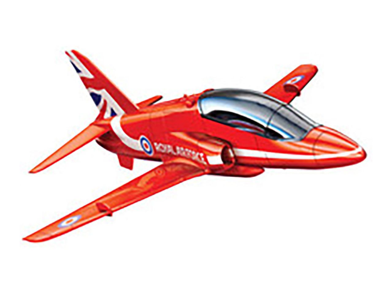 Red toy jet plane with a clear canopy and British flag details on the tail.