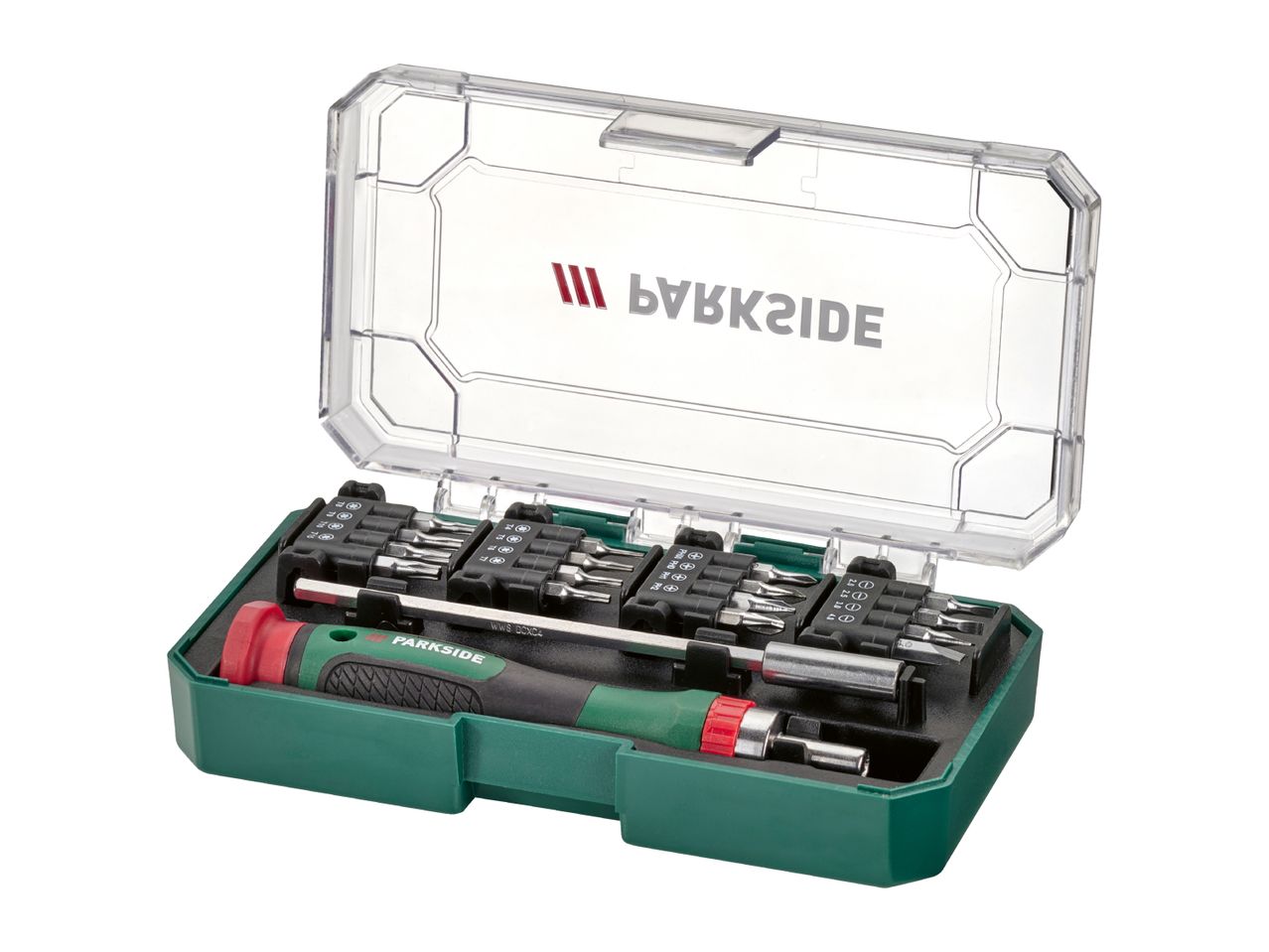 Parkside screwdriver set with various bits in a green and clear case.