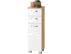 White bathroom cabinet with three drawers and a wooden top, decorated with woven baskets and towels.