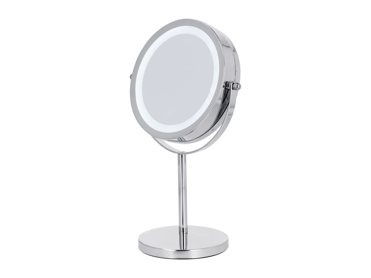 Chrome-plated cosmetic mirror with LED lighting and a touch-sensitive power button