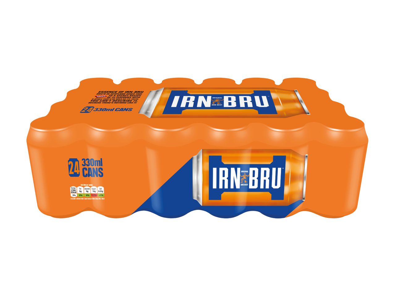 24-pack of 330ml Irn-Bru cans in an orange and blue design.