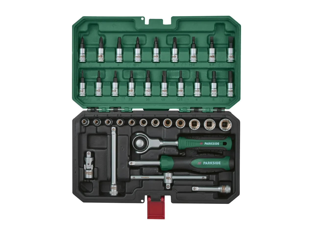 Open socket wrench set in a green and black plastic case.