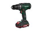 A cordless drill with a black chuck and a green and black body, featuring a red battery pack.