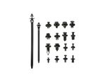 Assortment of black plastic automotive fasteners and clips.