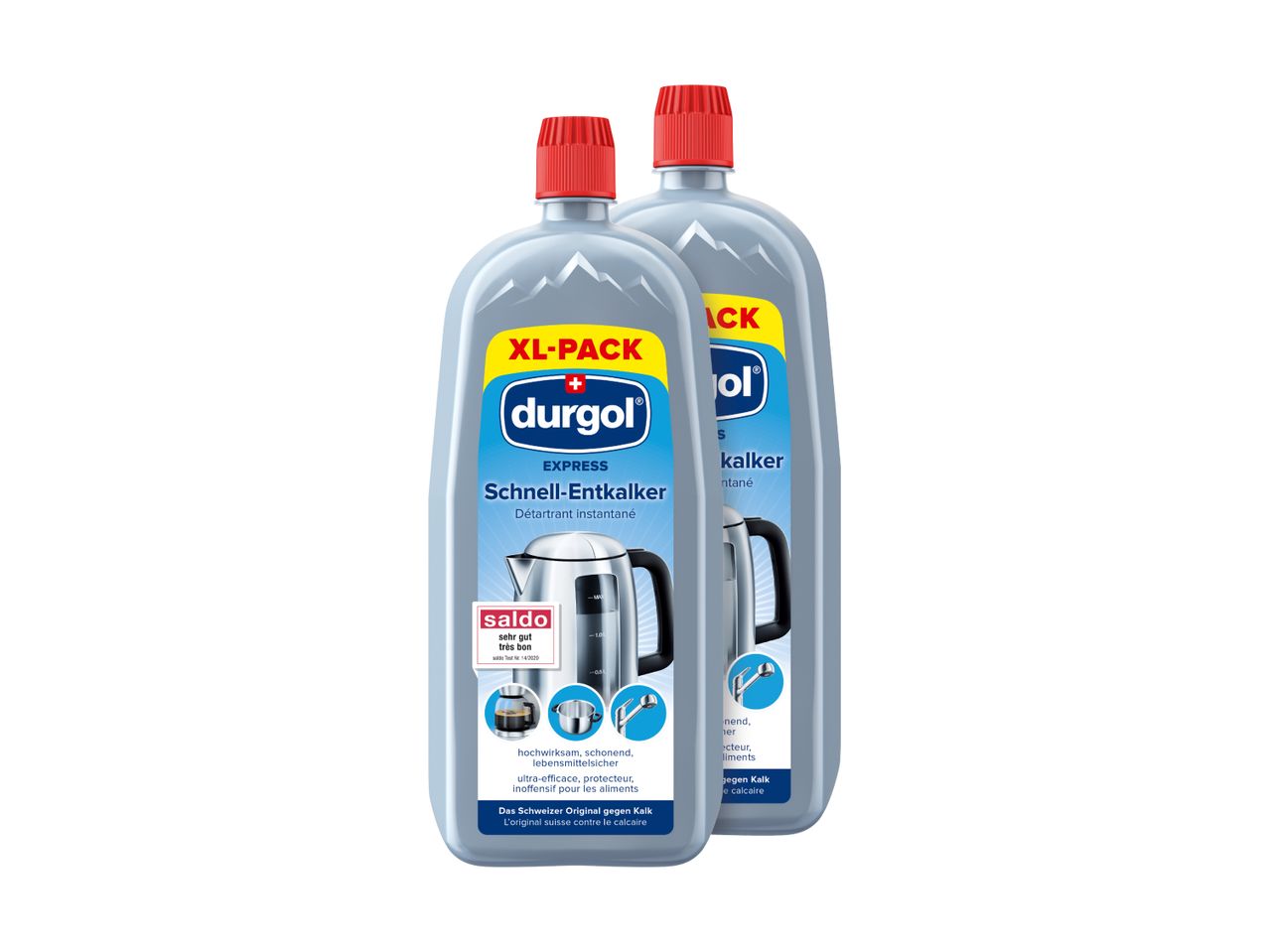 Zwei Flaschen Durgol Express XL-Pack Schnell-Entkalker für Wasserkocher und Wasserhähne.