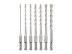 Set of eight SDS plus hammer drill bits of varying sizes with carbide tips.