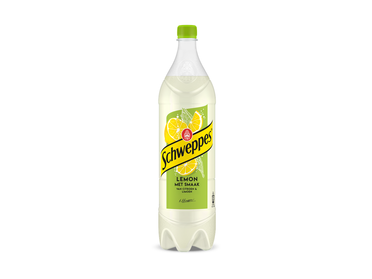 Een fles citroenfrisdrank met een groen etiket en citroenafbeeldingen.