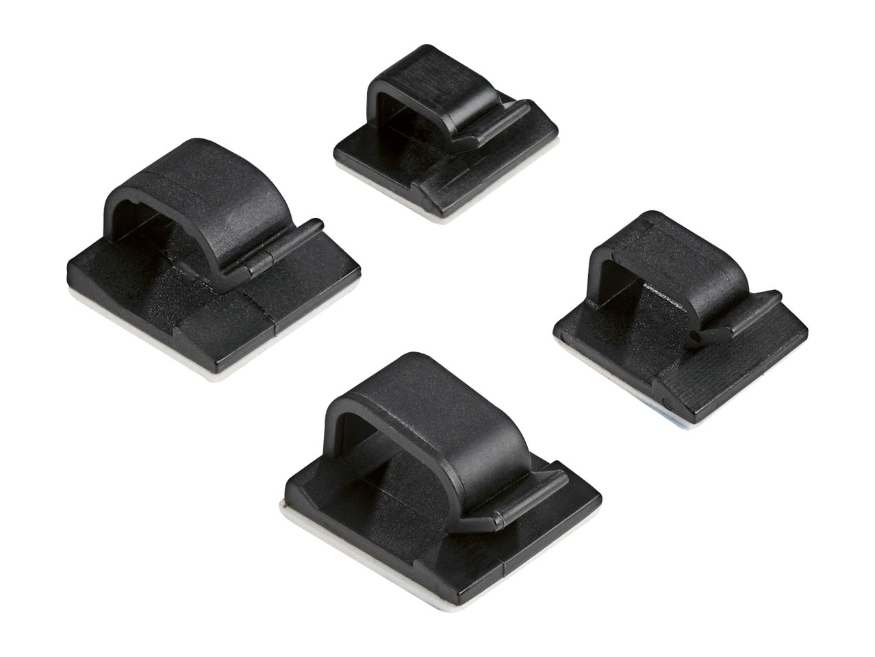 Four black adhesive cable clips arranged on a white background.
