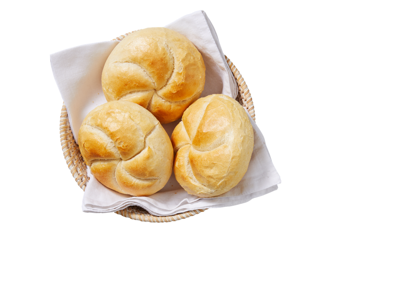 Drie Møllehjul broodjes in een gevlochten mand met een wit servet