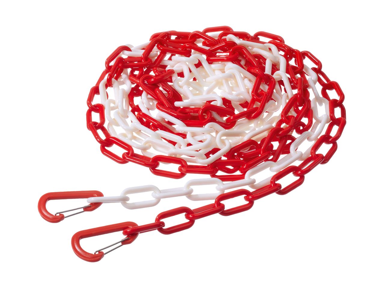 En rulle rød og hvid plastikkæde med karabinhager.