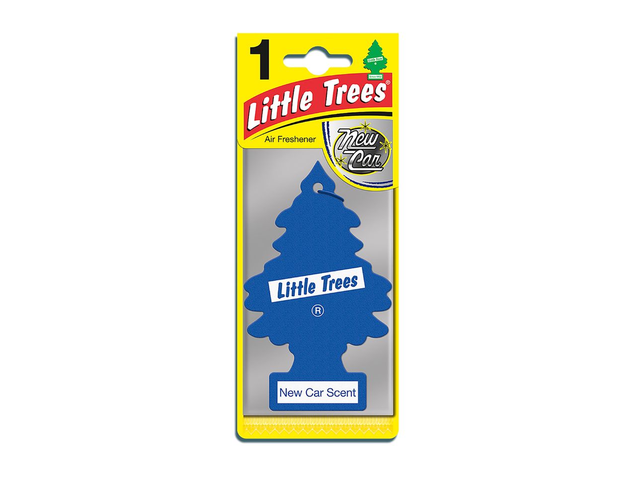 Little Trees New Car Scent air freshener in blue, packaged on a yellow card.