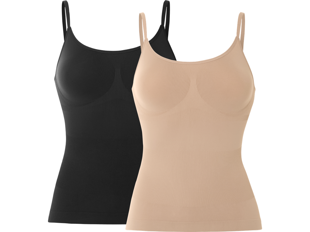 Två sömlösa tanktops i svart och beige.