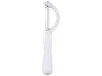 A white Y-shaped vegetable peeler with a silver blade.