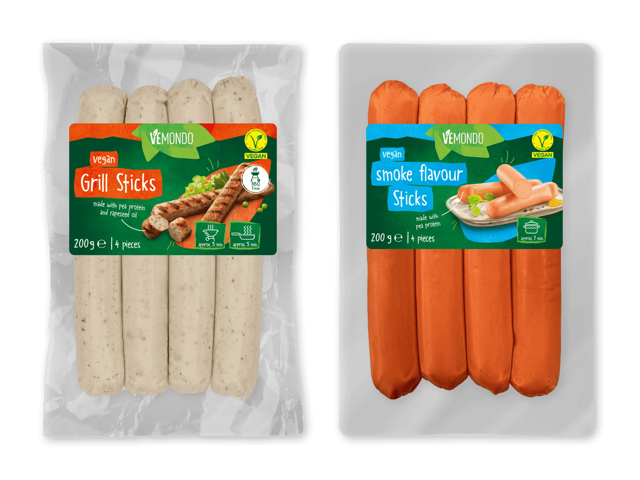 To pakker veganske pølser: grillpølser og røgsmagspølser, begge med 4 stk. og 200g.
