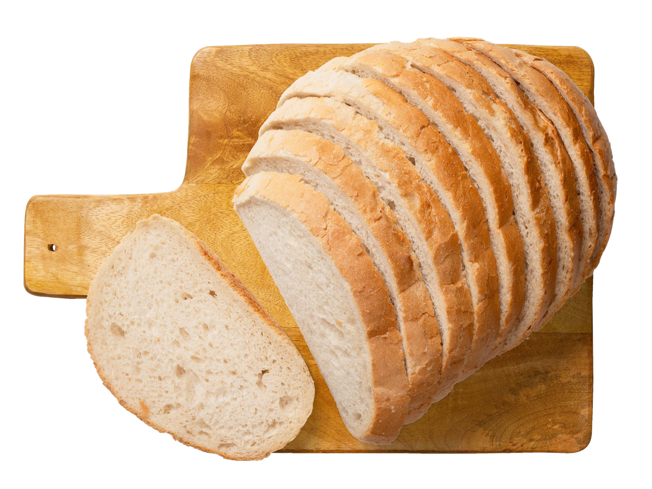 Szeletelt fehér kenyér fából készült vágódeszkán.