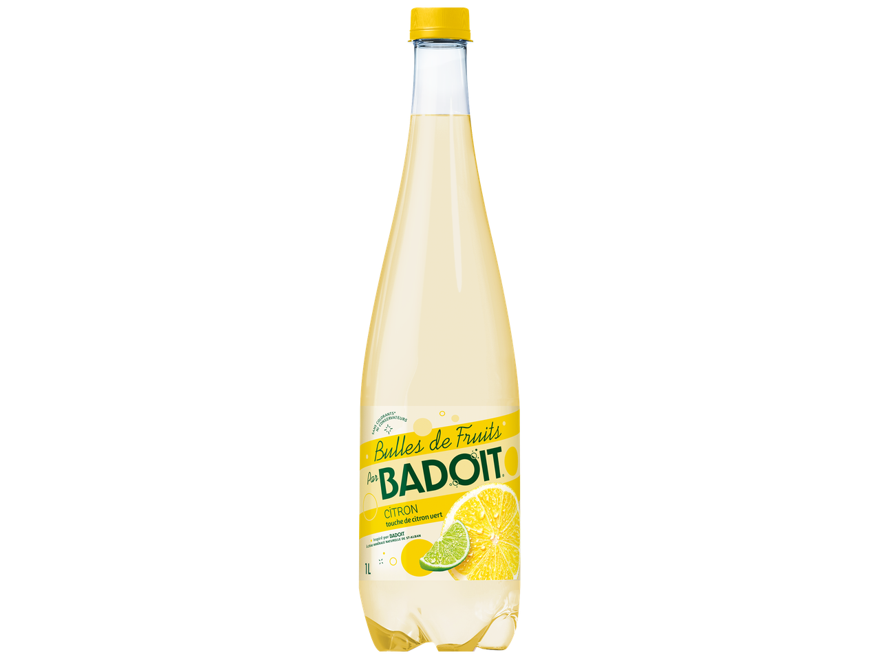 Bouteille de boisson gazeuse au citron avec des tranches de citron et de lime.