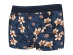 Men's boxer briefs with a dark blue tropical floral pattern featuring white and orange flowers.