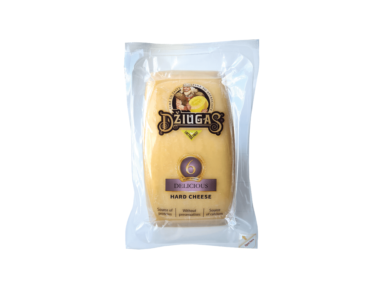 DŽIUGAS Delicious tvrdi sir, pakiran u prozirnu foliju, s oznakom 'Lactose Free'.