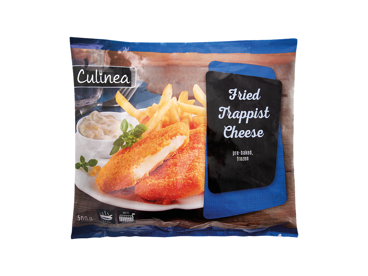 Culineina smrznuta pohana trapist sira s pomfritom i umakom.