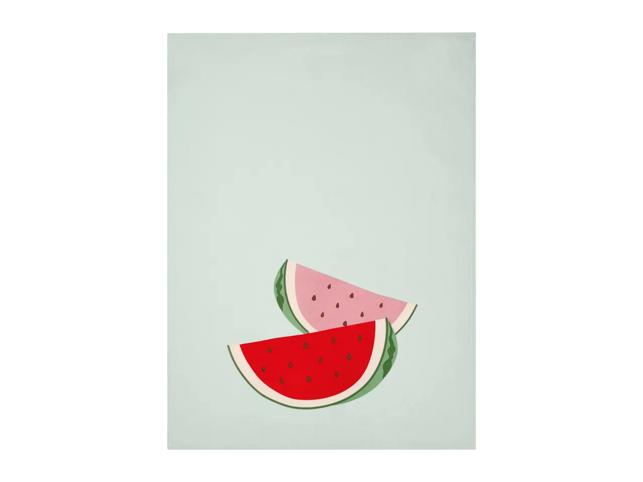 Light green kitchen towel with two watermelon slices, one red and one pink, with seeds.