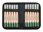 A set of 12 wood carving chisels with wooden handles and protective caps, neatly organized in a black zippered case.