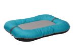 Rectangular pet bed in teal with a grey sleeping surface and dark grey base.