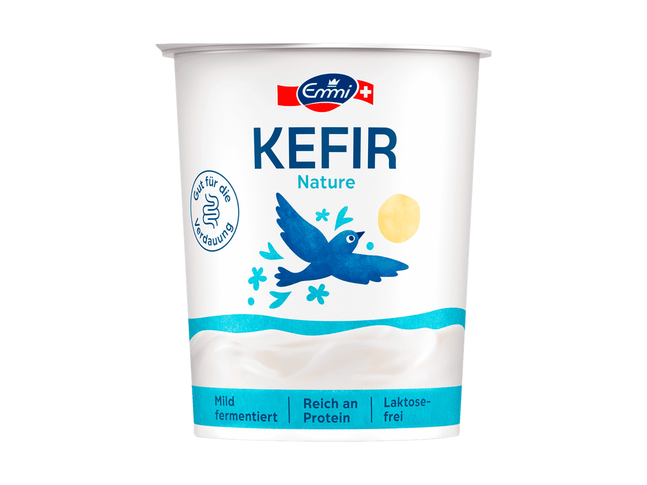 Kefir Naturbecher mit Aufschrift 'Gut für die Verdauung', 'Mild fermentiert', 'Reich an Protein', 'Laktosefrei'