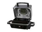 Open air fryer with two black cooking inserts and a digital display showing '0:00'