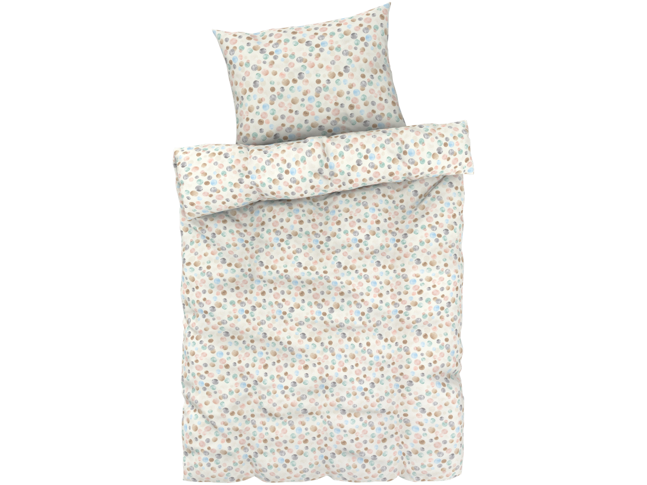 Paklodės užvalkalas ir pagalvių užvalkalai su pasteliniais taškeliais.