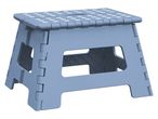 A blue plastic folding step stool with white polka dots on the seat.
