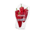 Verpakking met rode puntpaprika's, met de tekst 'Puntpaprika van Hollandse bodem' en productinformatie.