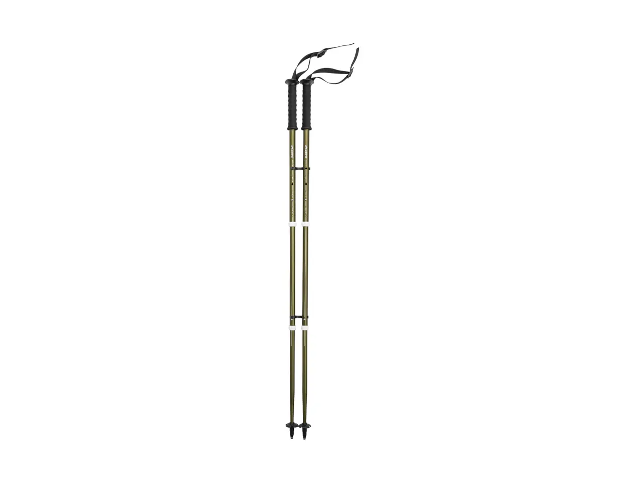 Pair of olive green trekking poles with black handles and straps, featuring adjustable sections.