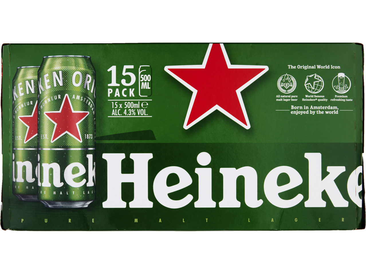Heineken 15-pack of 500ml lager cans, featuring the brand's iconic red star and green packaging.