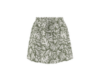 Saia ESMARA com padrão floral verde-oliva e branco, com cintura elástica e cordão.