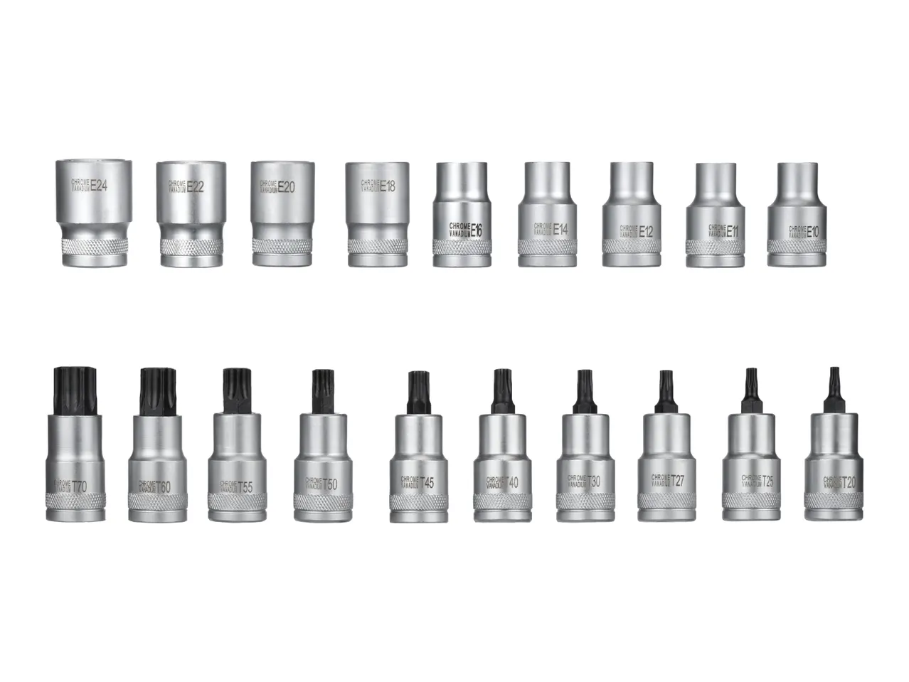 A 19-piece set of chrome vanadium star and Torx socket bits in various sizes.