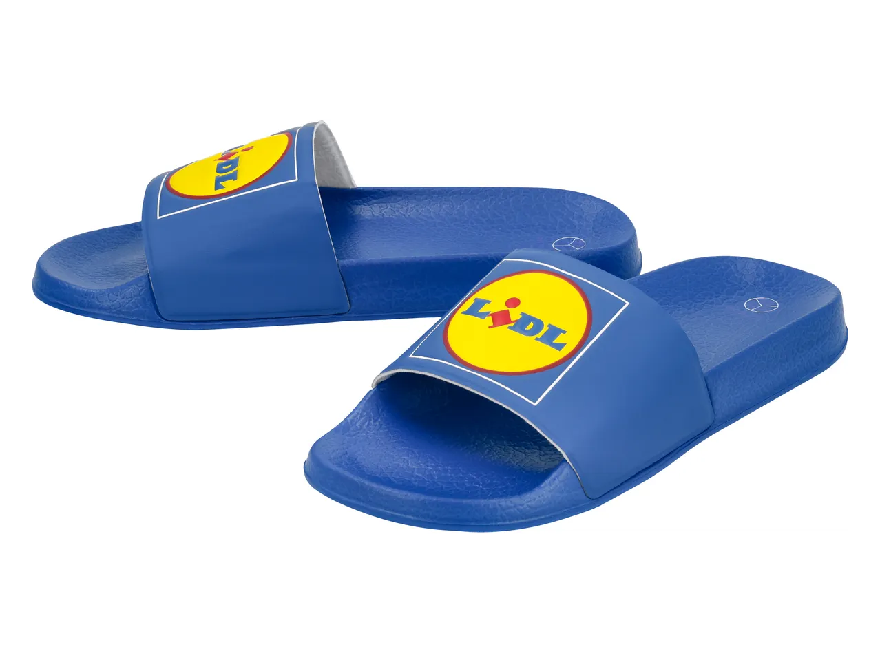 Сини чехли с жълто лого, изобразяващо човек и надпис „LIDL“.