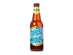 Fles alcoholvrij bier met een kleurrijk etiket met de tekst 'FRISSE DUIK BRIGHT IPA 0,3%' en zwemmende mensen.