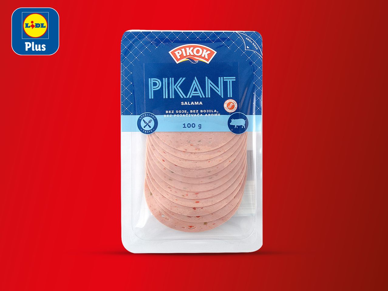 Pakiranje Pikok Pikant salame od 100 g s logotipom Lidl Plus u gornjem lijevom kutu.