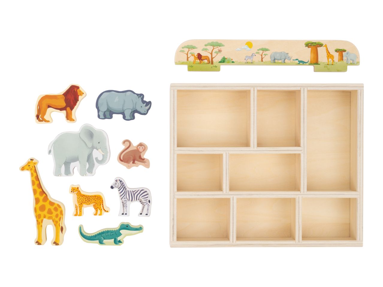 Wooden safari animal figures and a wooden display shelf with a safari-themed top panel.