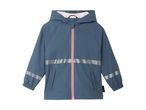 A blue children's rain jacket with a pink zipper and reflective stripes.