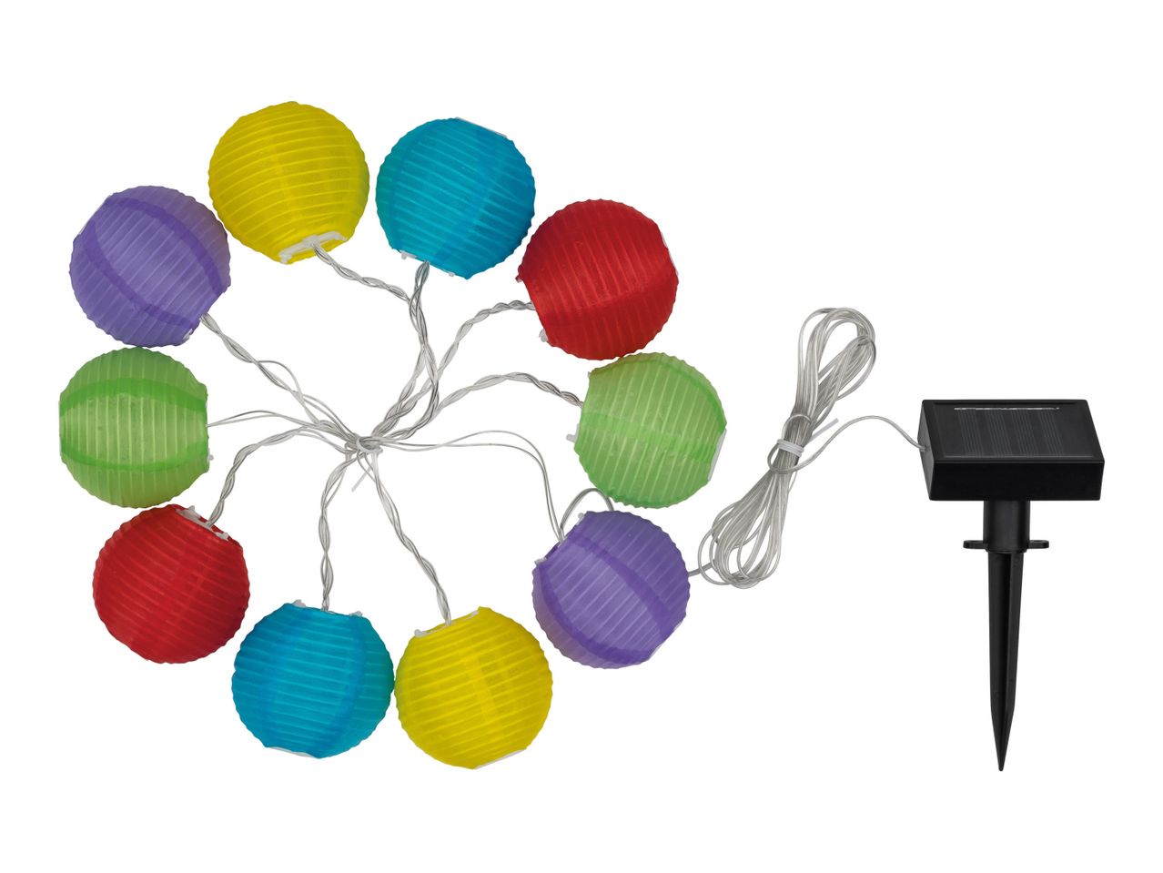 Solar-powered paper lantern string lights.