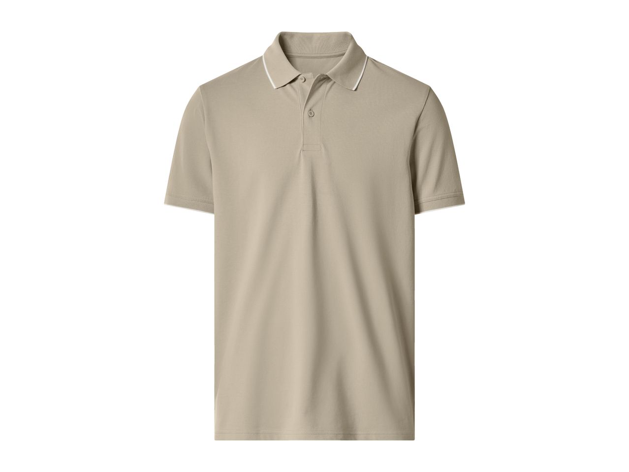 Men's beige polo shirt with white trim on the collar and sleeves