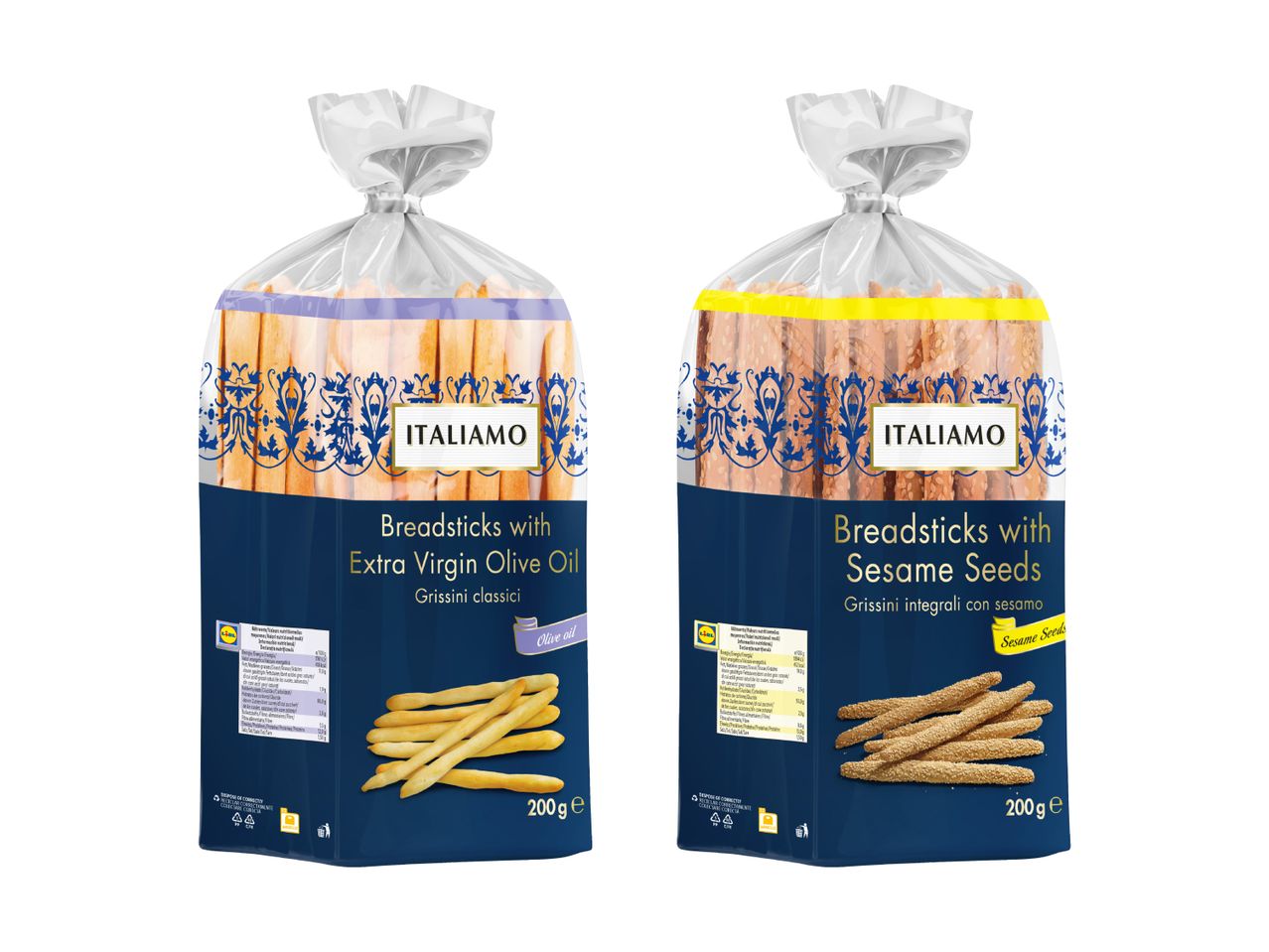 Zwei Packungen Italimo Grissini: eine mit extra nativem Olivenöl, die andere mit Sesam.