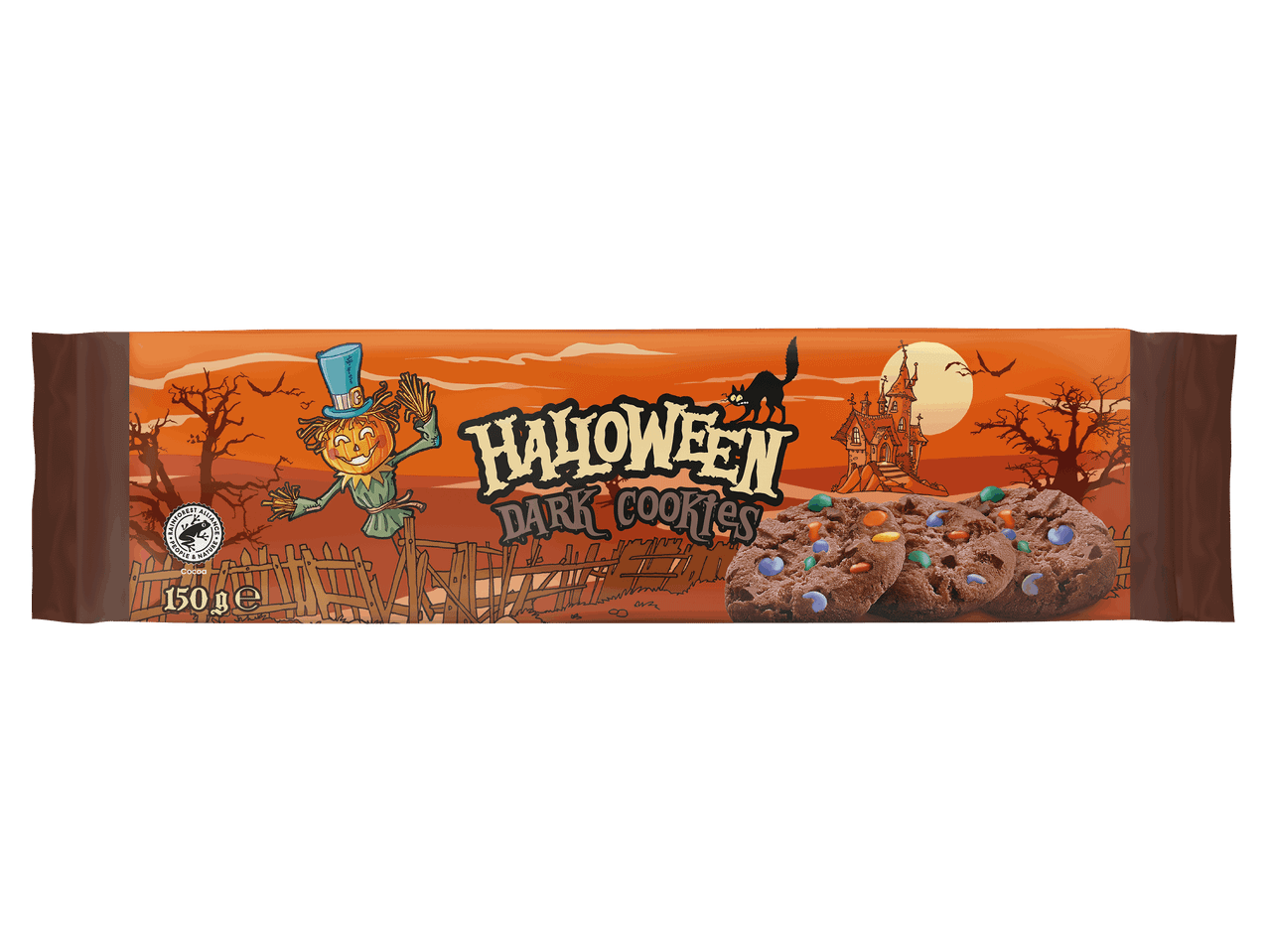 Halloween-i sötét keksz narancssárga csomagolásban, ijesztő motívumokkal és 150 g-os kiszerelésben.