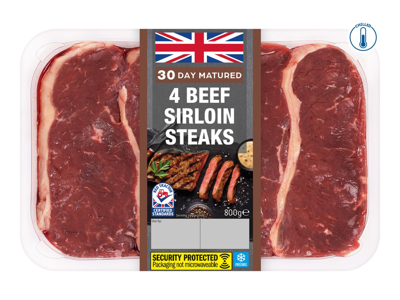 Pack of 4 chilled beef sirloin steaks, 30-day matured, 800g, with a Union Jack flag.
