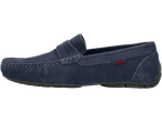 Muške mokasine od tamnoplavog antilopa sa ukrasnim šavovima.