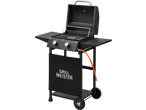 Grillmeister 2 Burner Gas Barbecue with side shelves and a black cover with the brand logo.